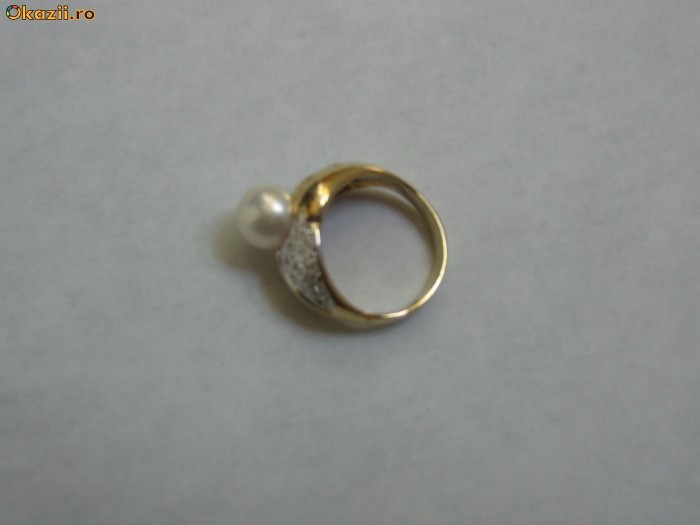 inel din aur galben 14 k cu perla naturala si diamante foto mare