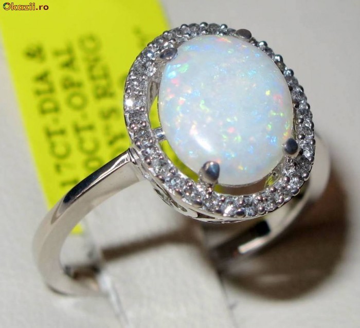 Inel aur alb montura OPAL reflexii disco si anturaj DIAMANTE foto mare