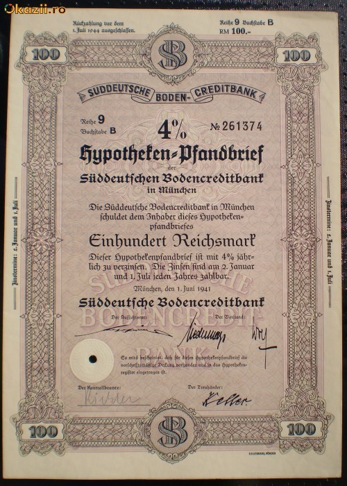 16. GERMANIA ACT IPOTECAR 100 REICHSMARK 1.06.1941 MUNCHEN foto mare