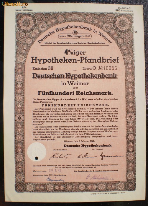 23. GERMANIA ACT IPOTECAR 500 REICHSMARK 2.02.1942 WEIMAR foto mare