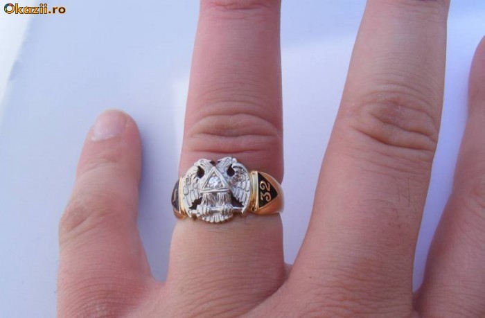 Inel MASONIC 32nd DEGREE, data marcata 1956, aur 14K 10.2g, BRILIANT VS foto mare