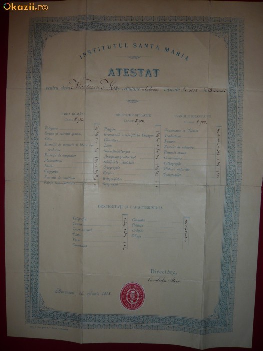 DIPLOMA A INSTITUTULUI SANTA MARIA BUCURESTI 1898 foto mare