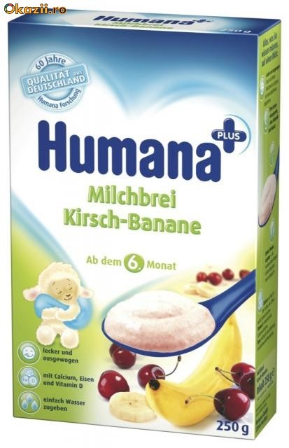 Cereale Humana cu lapte CIRESE + BANANE (bebe peste 6 luni) 250 gr, GERMANIA (livrare gratuita la comenzi peste 70 lei - vezi detalii in poza nr.2) foto mare