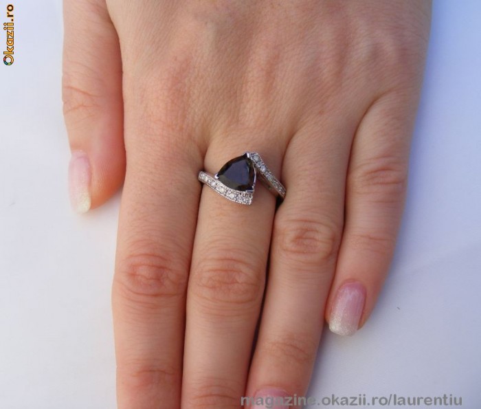 Inel designer aur 10K, 3.2g, montura deosebita cu TOPAZ SMOKY trillion si accente BRILIANTE !!! foto mare