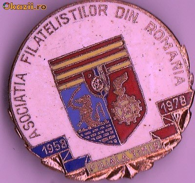 Insigna jubiliara 1858-1978 Asociatia Filatelistilor din Romania filiala Timis foto mare