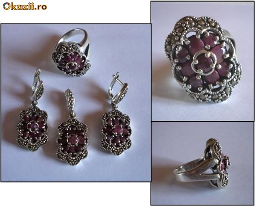 Inel + Medalion + Cercei, argint + semipretioase + marcasite (5) foto mare
